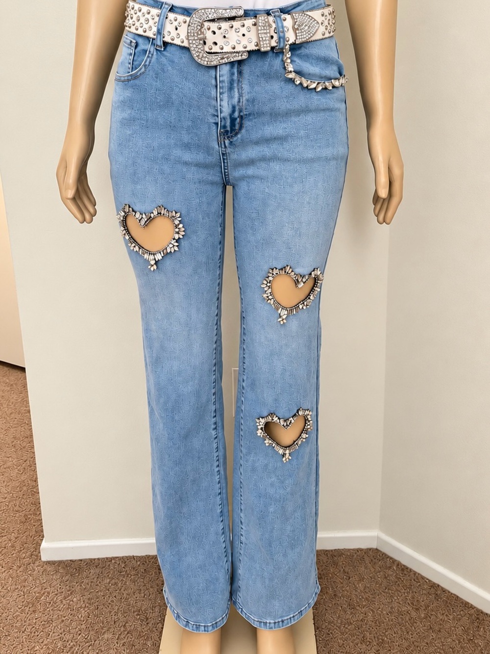 Rhinestone Heart Cutout Flare Jeans | L